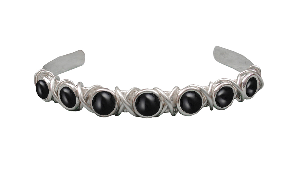 Sterling Silver 7 Stone Handmade Cuff Bracelet With Black Onyx
